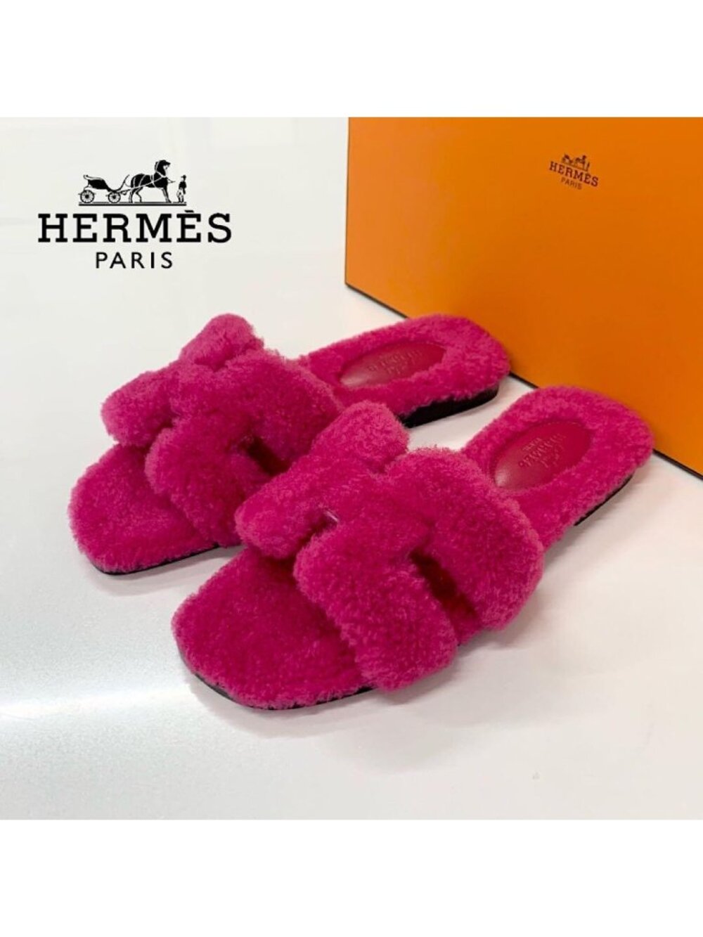 Hermes Oran Shearling Sandals Pink